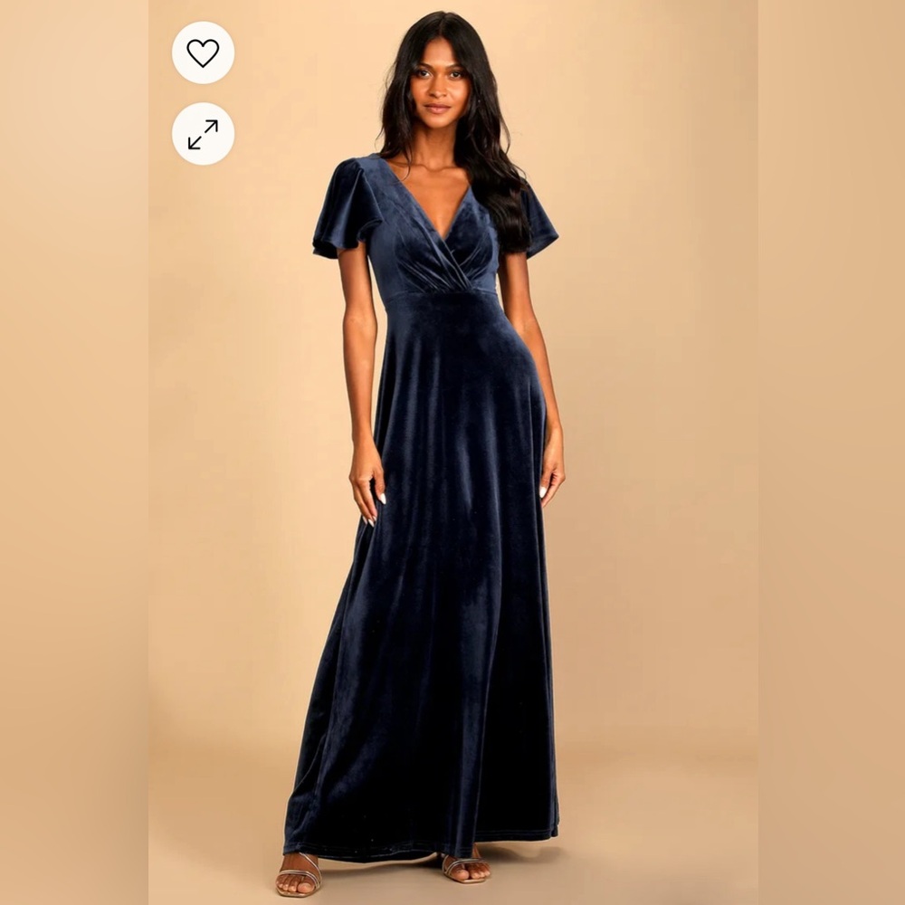 Lulu’s Absolutely Amazed Navy Blue Velvet Flutter Sleeve Maxi Dress, Size Medium